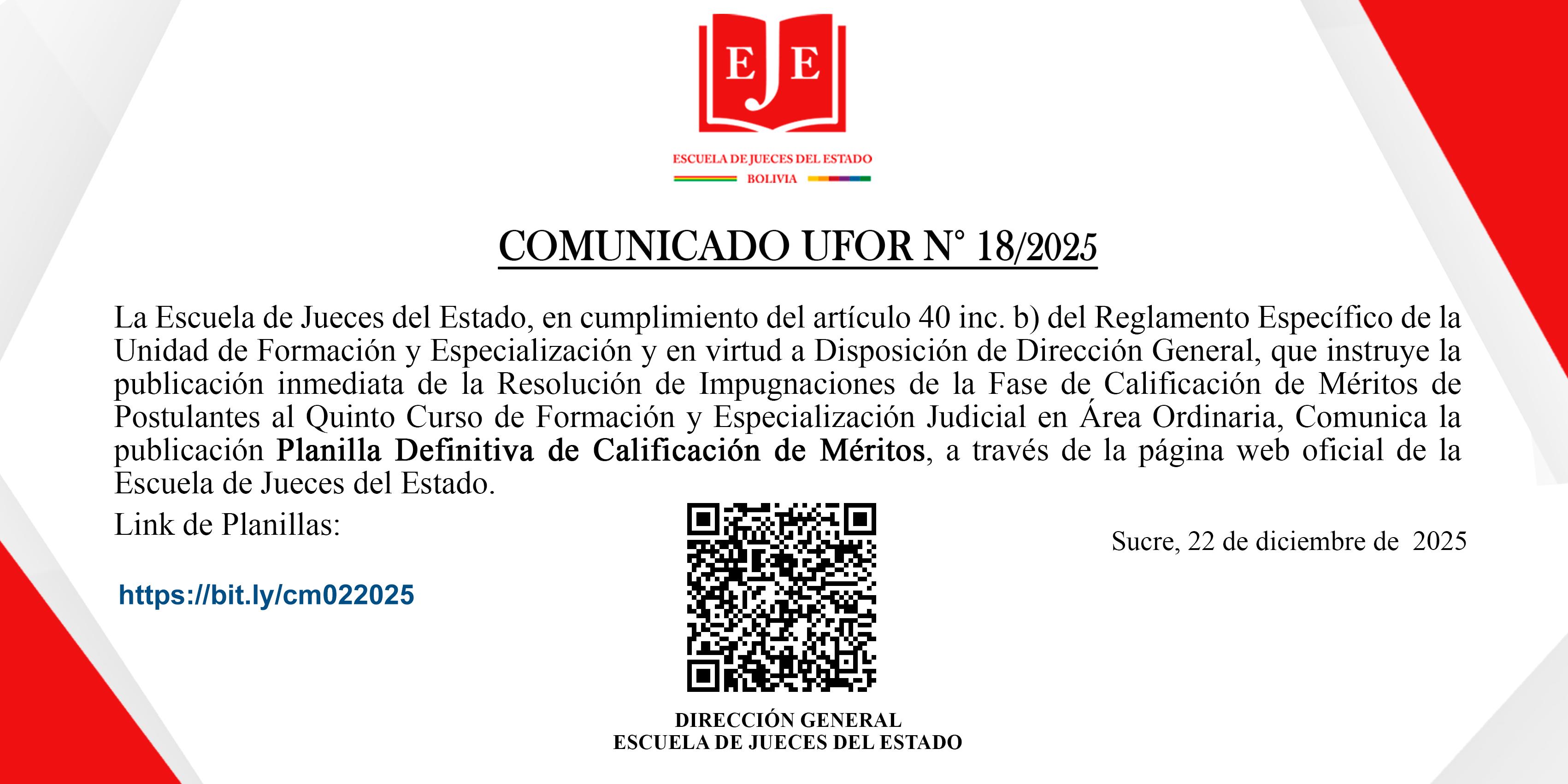 COMUNICADO UFOR N°18/2025 PUBLICACIÓN PLANILLA DEFINITIVA DE CALIFICACIÓN DE MÉRITOS