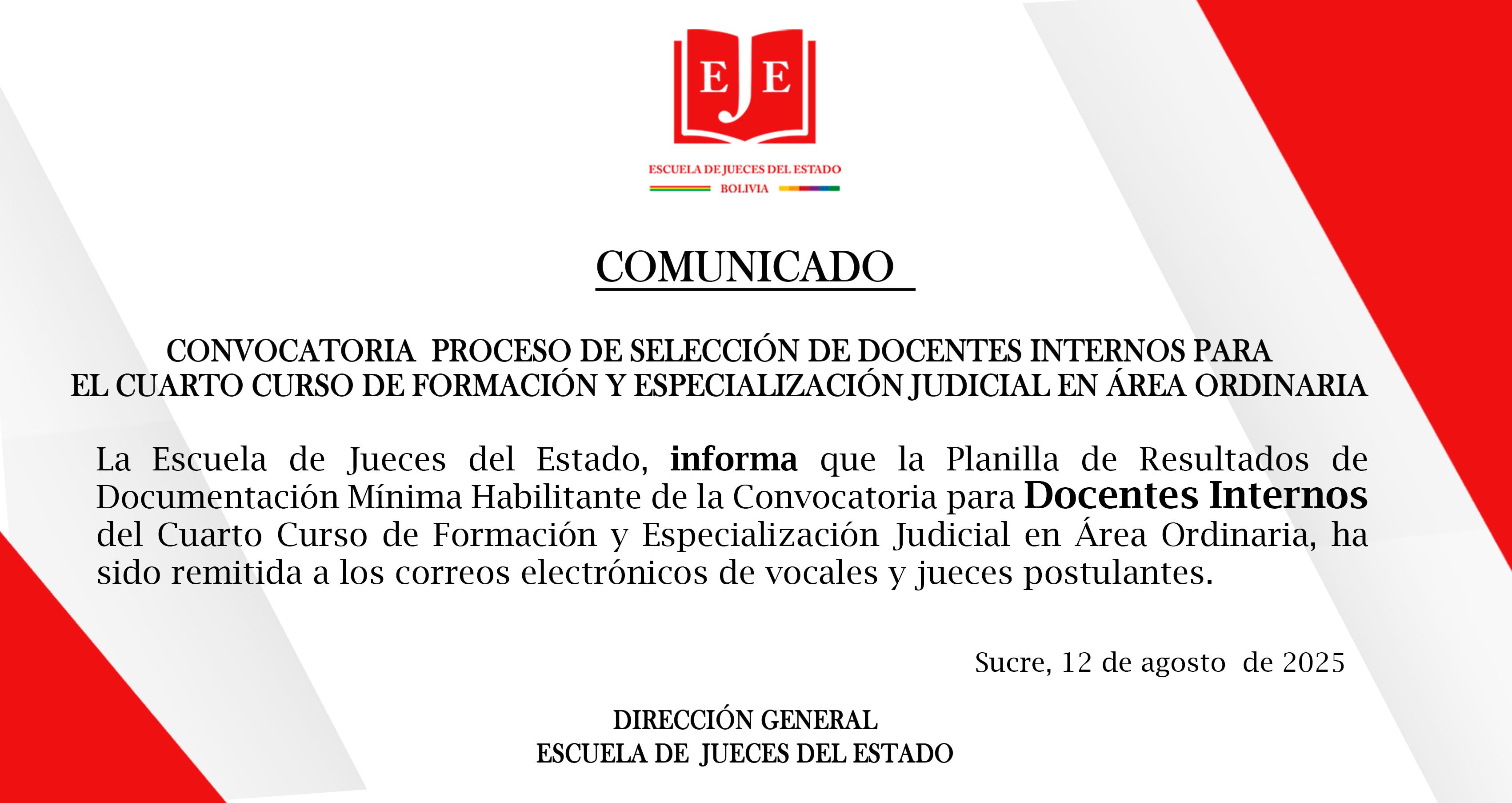 COMUNICADO DOCENTES INTERNOS PARA EL CUARTO CURSO DE FORMACIÓN Y ESPECIALIZACIÓN JUDICIAL EN ÁREA ORDINARIA
