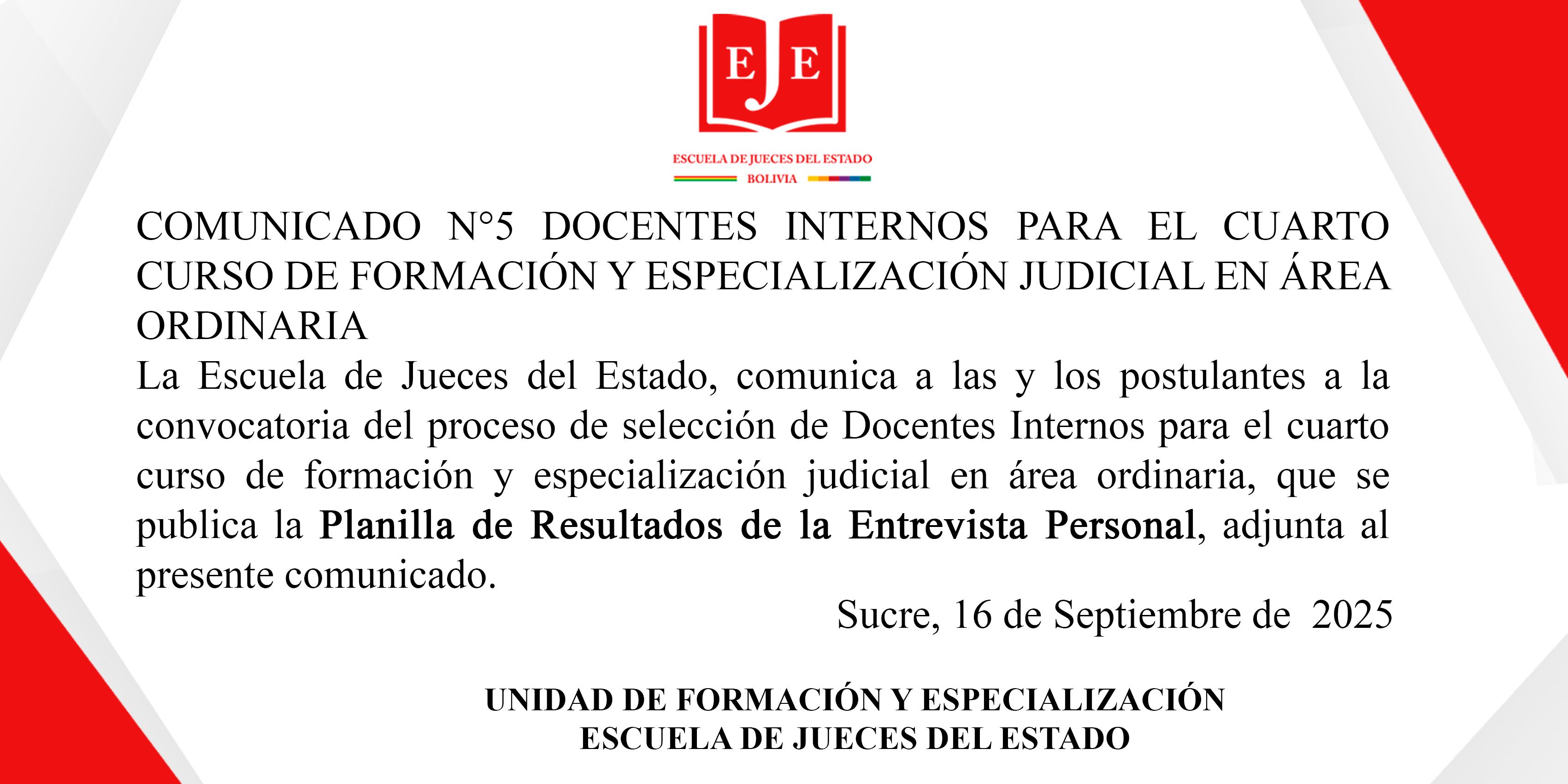 COMUNICADO N°5 DOCENTES INTERNOS PARA EL CUARTO CURSO DE FORMACIÓN Y ESPECIALIZACIÓN JUDICIAL EN ÁREA ORDINARIA