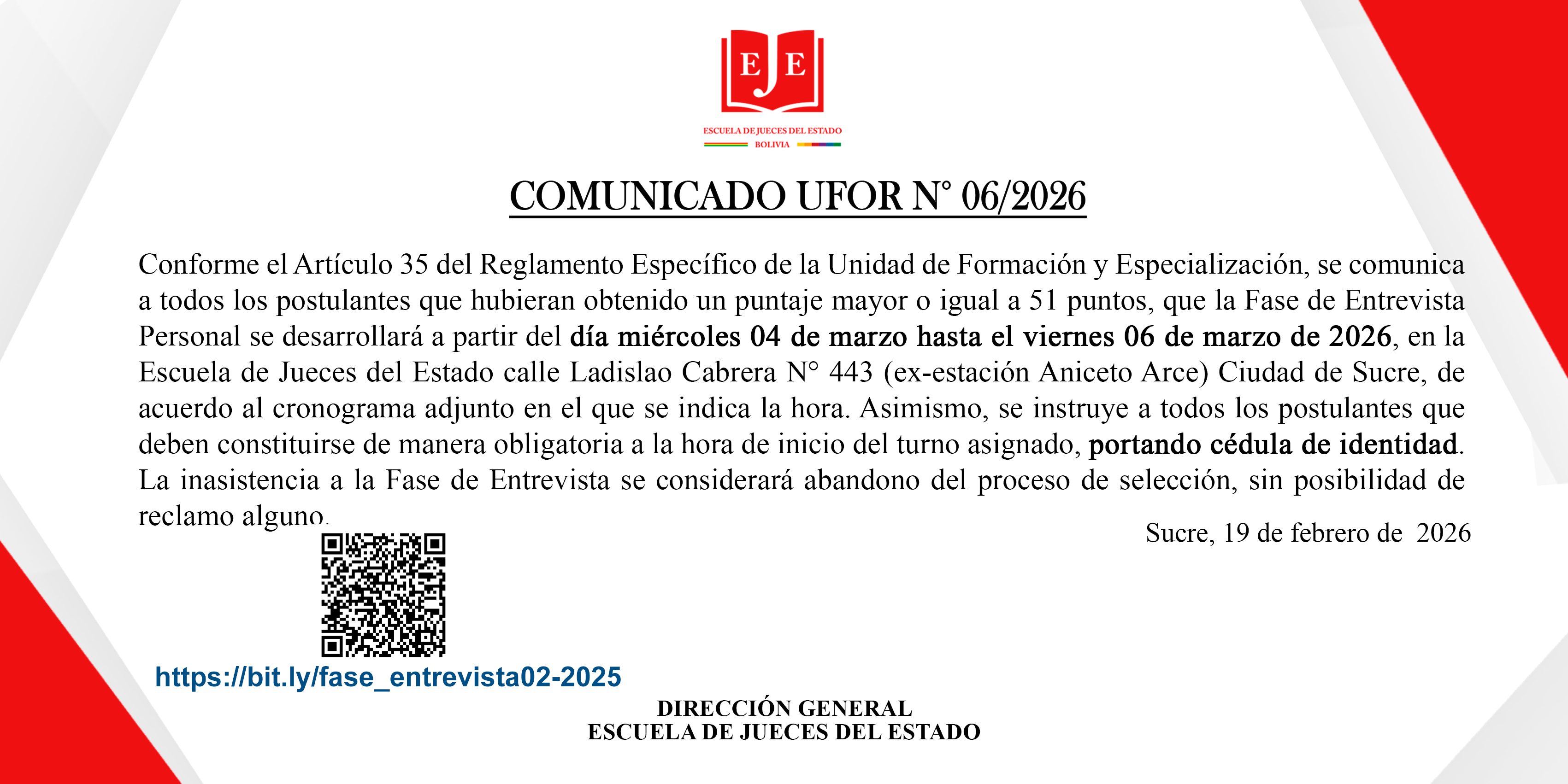 CRONOGRAMA FASE DE ENTREVISTAS PERSONALES – CONVOCATORIA N°02/2025