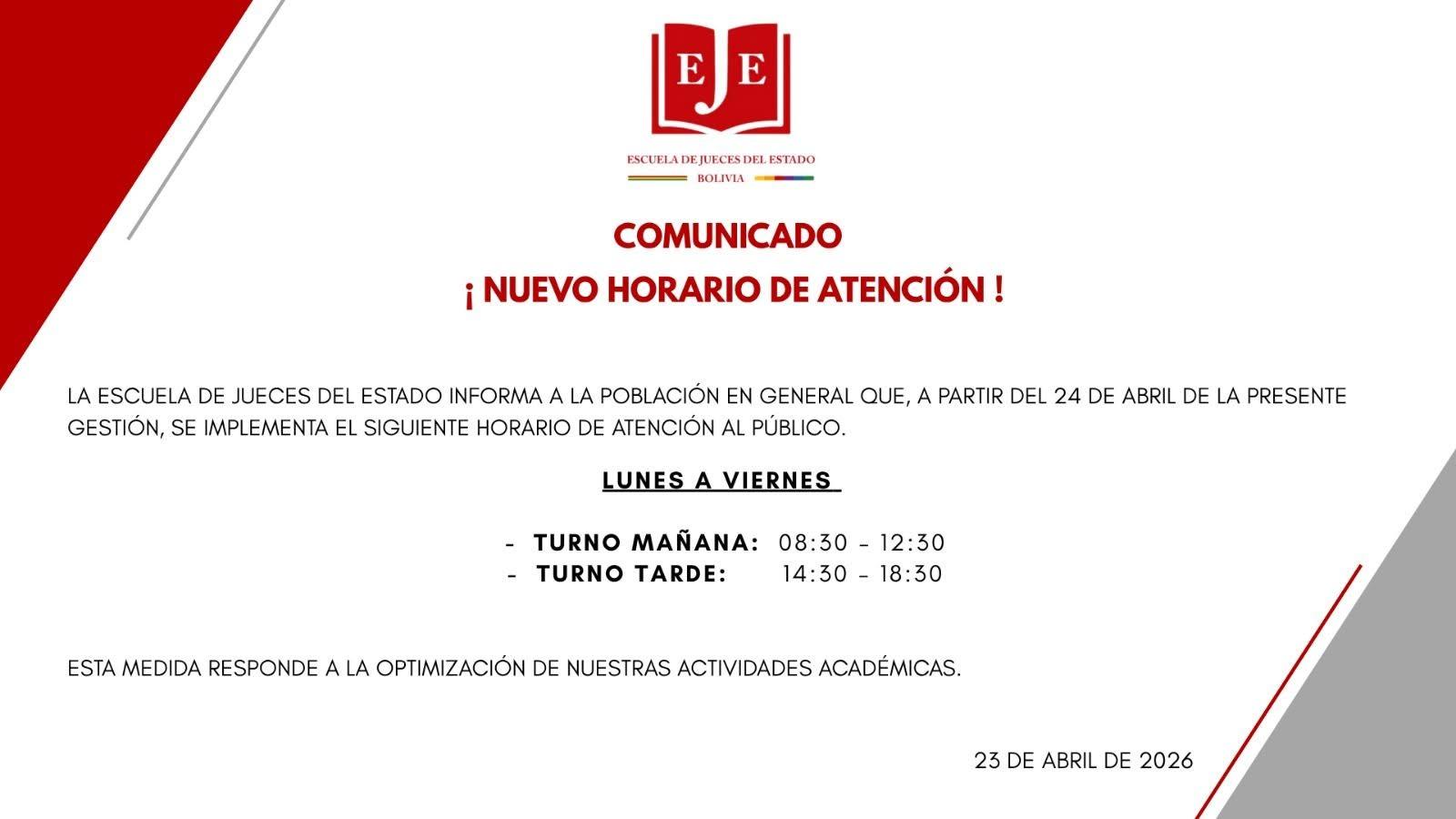 ESCUELA DE JUECES DEL ESTADO IMPLEMENTA AJUSTES EN SU HORARIO DE ATENCIÓN PARA OPTIMIZAR SUS SERVICIOS