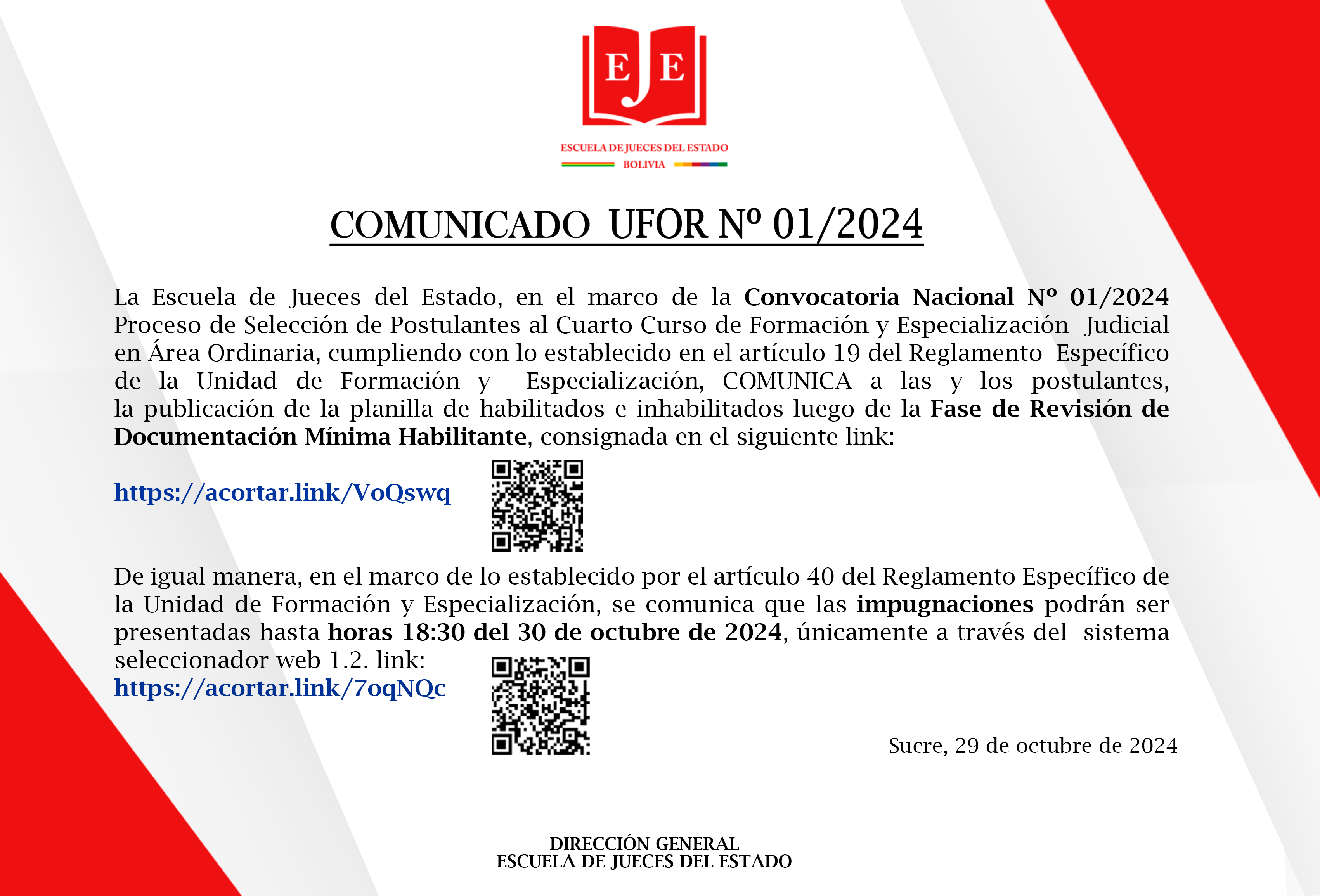 COMUNICADO UFOR 01/2024 (PUBLICACIÓN DE LA PLANILLA DE RESULTADOS DE LA REVISIÓN DE DOCUMENTACIÓN MÍNIMA HABILITANTE - POSTULANTES) 