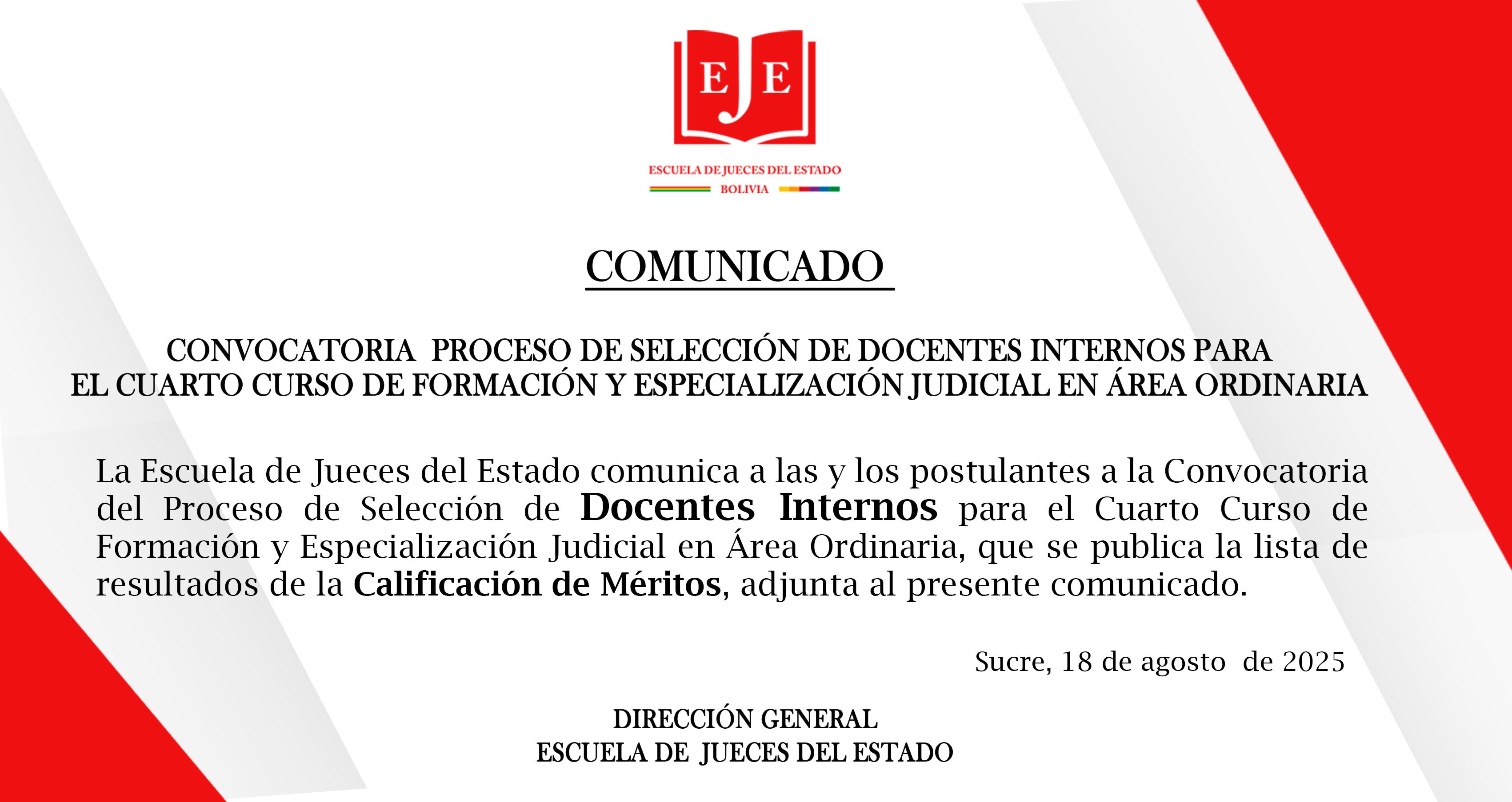 COMUNICADO N°3 DOCENTES INTERNOS PARA EL CUARTO CURSO DE FORMACIÓN Y ESPECIALIZACIÓN JUDICIAL EN ÁREA ORDINARIA