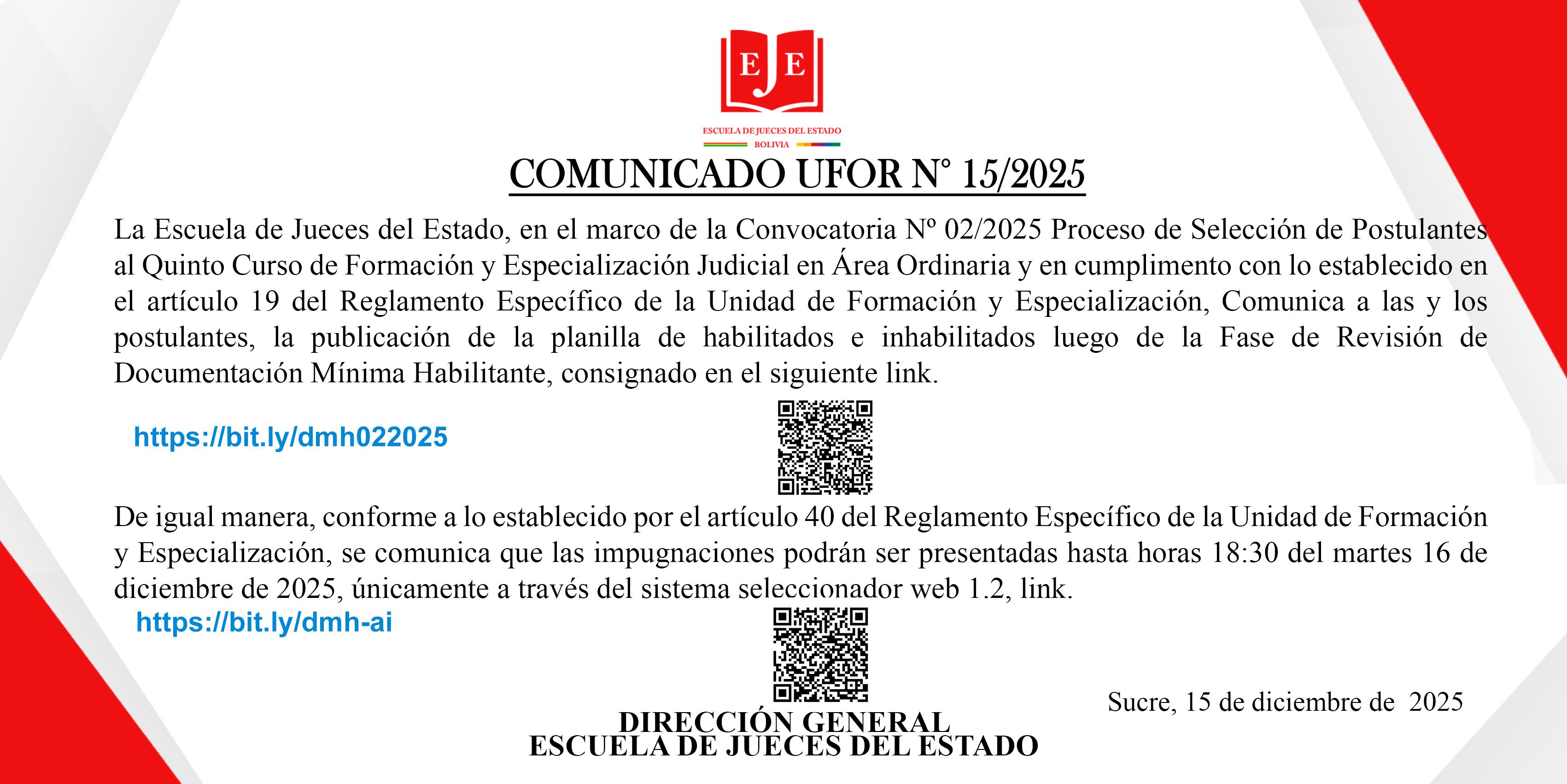 COMUNICADO UFOR N°02/2025 PUBLICACIÓN PLANILLA DE RESULTADOS DE REVISIÓN DE DOCUMENTACIÓN MÍNIMA HABILITANTE