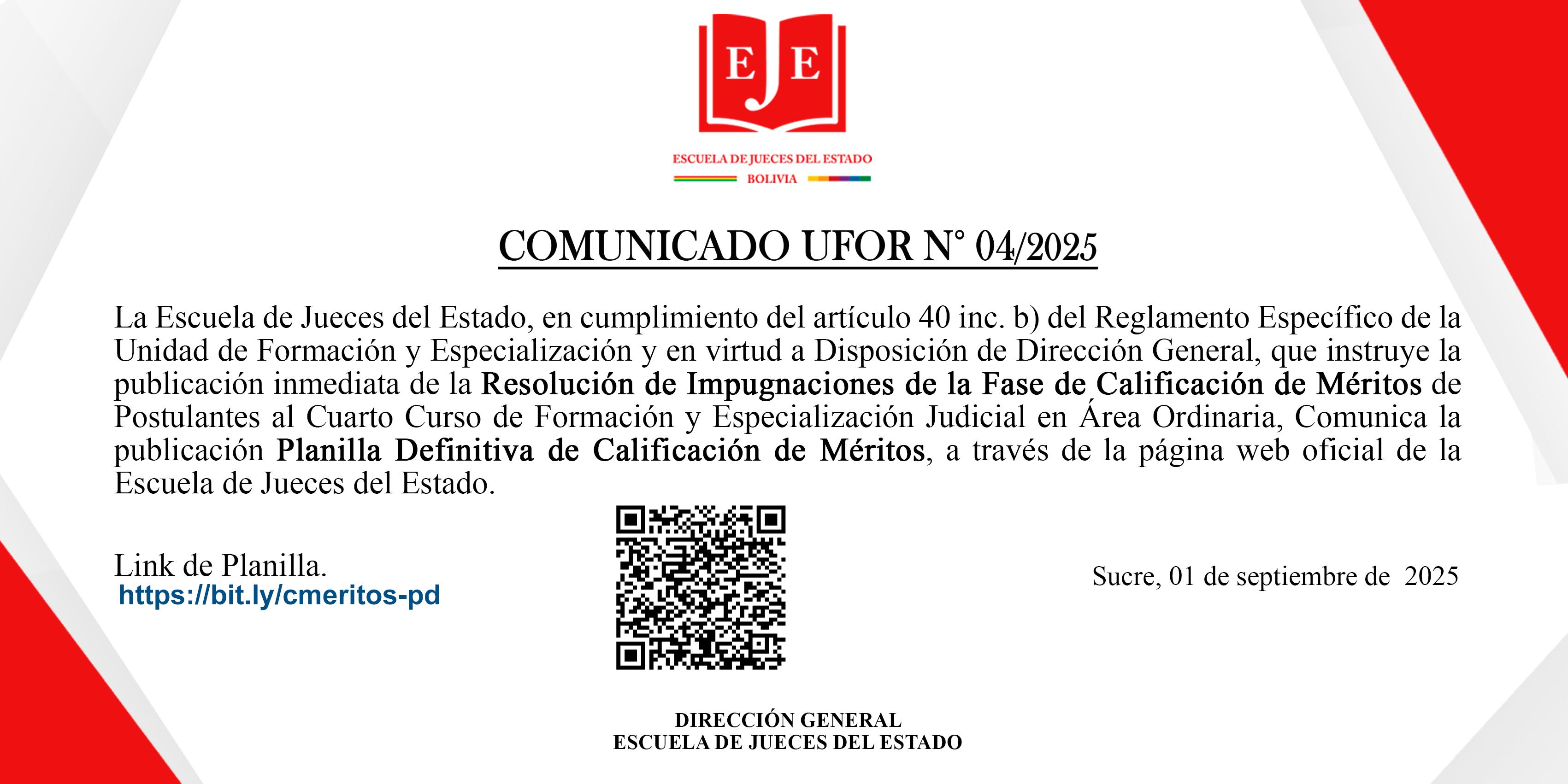 COMUNICADO UFOR N°04/2025 PUBLICACIÓN PLANILLA DEFINITIVA DE CALIFICACIÓN DE MÉRITOS