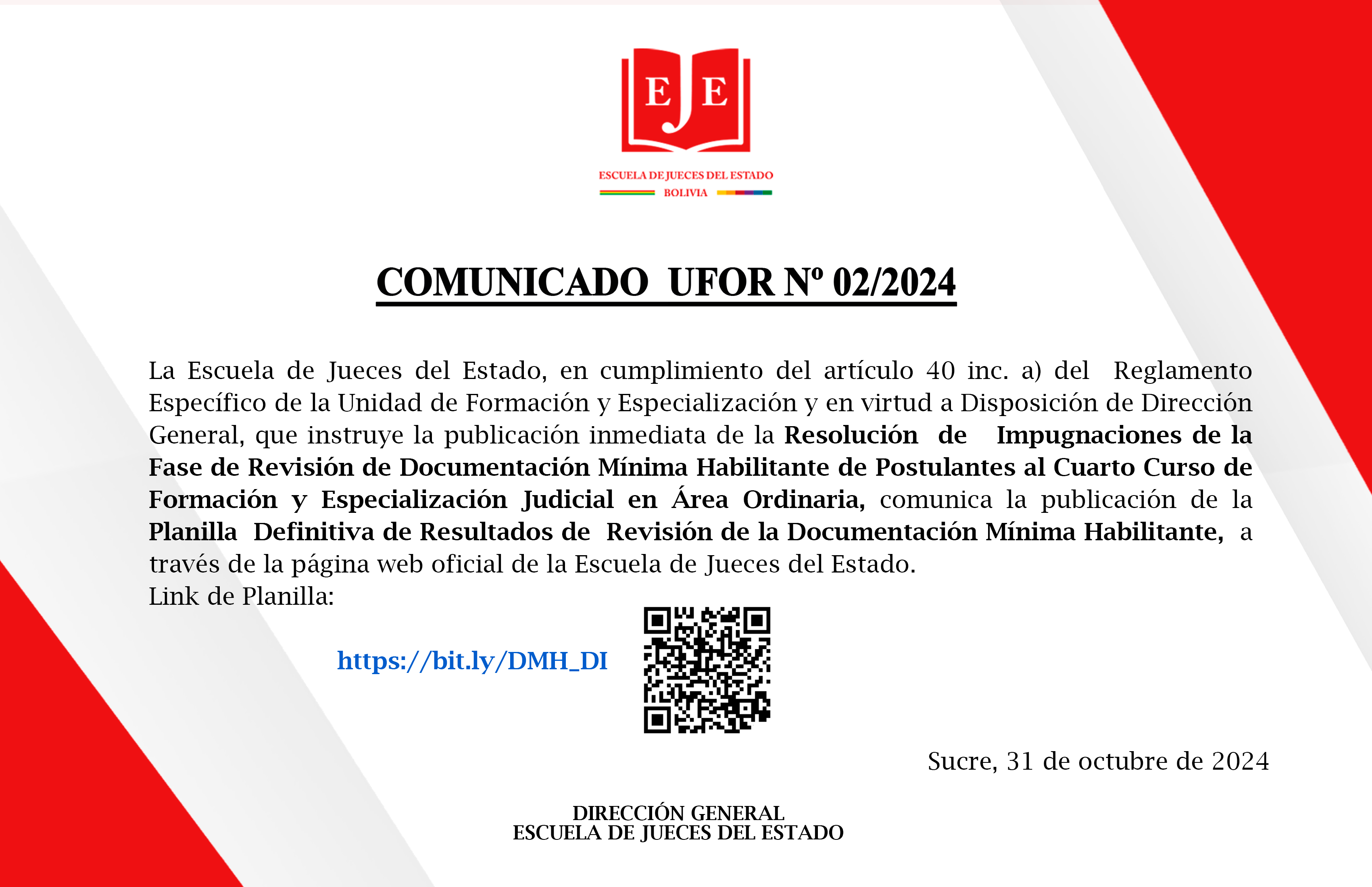 COMUNICADO UFOR N°02/2024 PUBLICACIÓN  PLANILLA  DEFINITIVA DE RESULTADOS DE  REVISIÓN DE LA DOCUMENTACIÓN MÍNIMA HABILITANTE