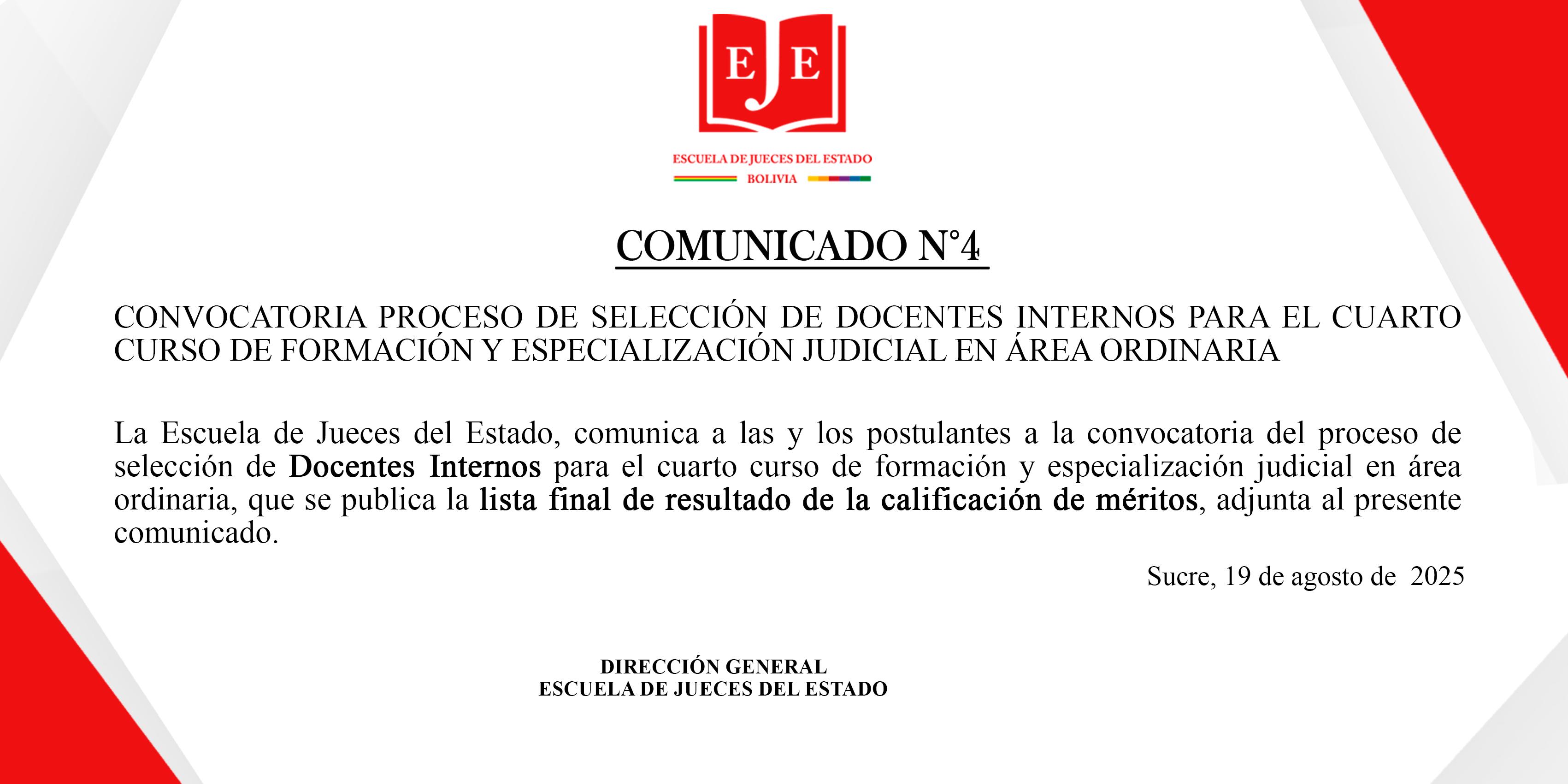COMUNICADO N°4 DOCENTES INTERNOS PARA EL CUARTO CURSO DE FORMACIÓN Y ESPECIALIZACIÓN JUDICIAL EN ÁREA ORDINARIA