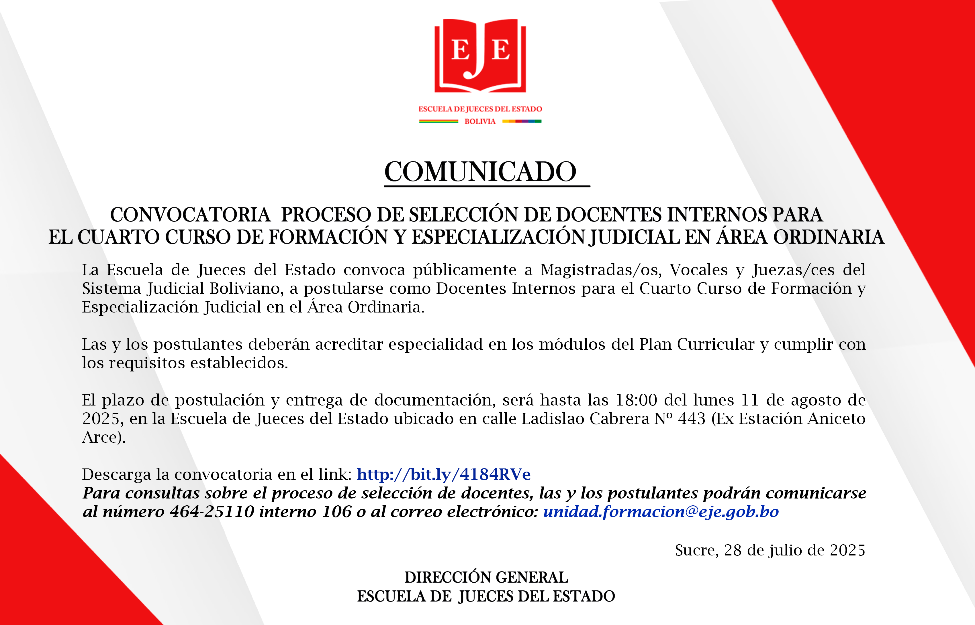 CONVOCATORIA PROCESO DE SELECCIÓN DE DOCENTES INTERNOS PARA EL CUARTO CURSO DE FORMACIÓN Y ESPECIALIZACIÓN JUDICIAL EN ÁREA ORDINARIA