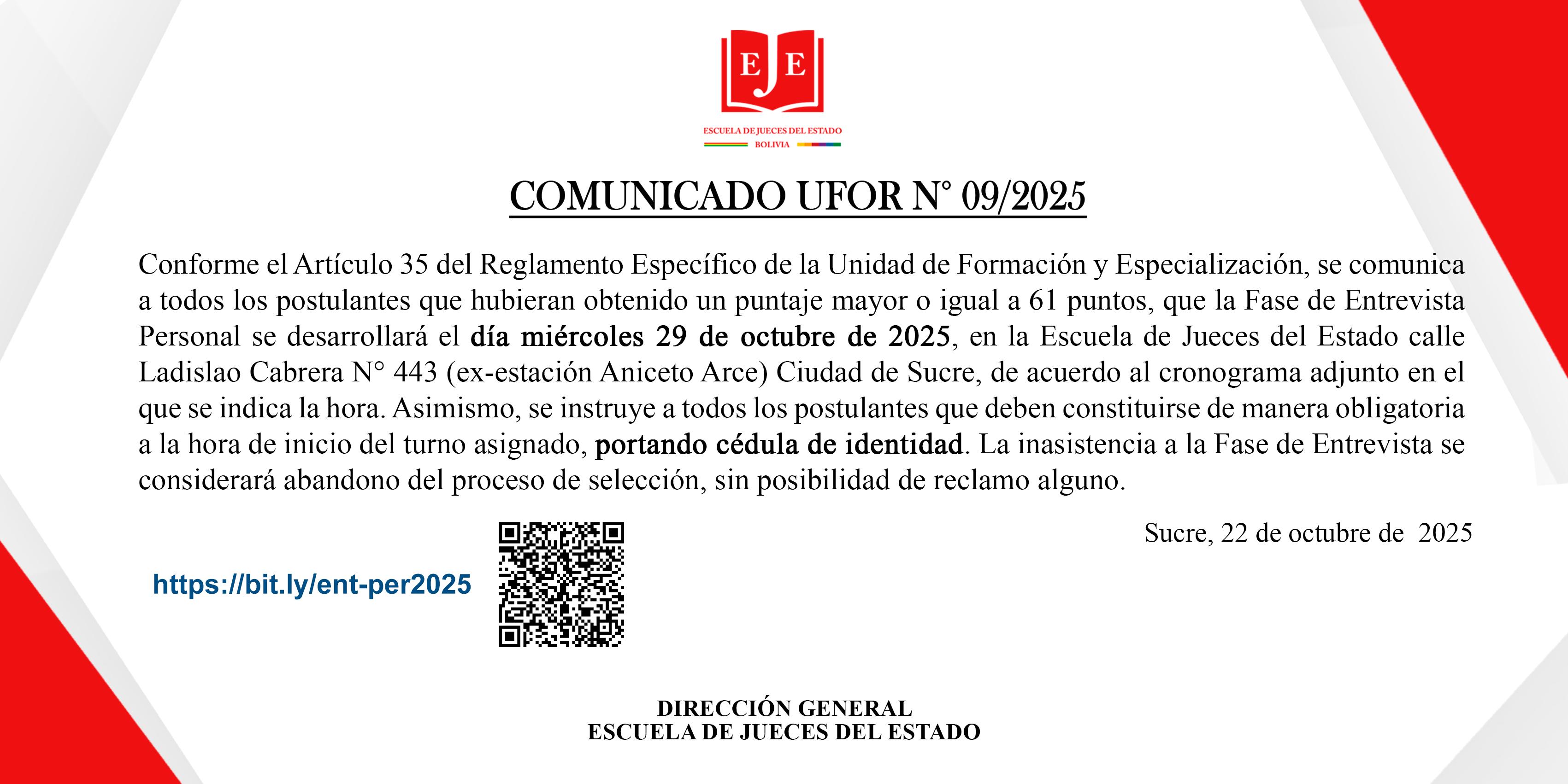 CRONOGRAMA FASE DE ENTREVISTAS PERSONALES – CONVOCATORIA N°01/2025