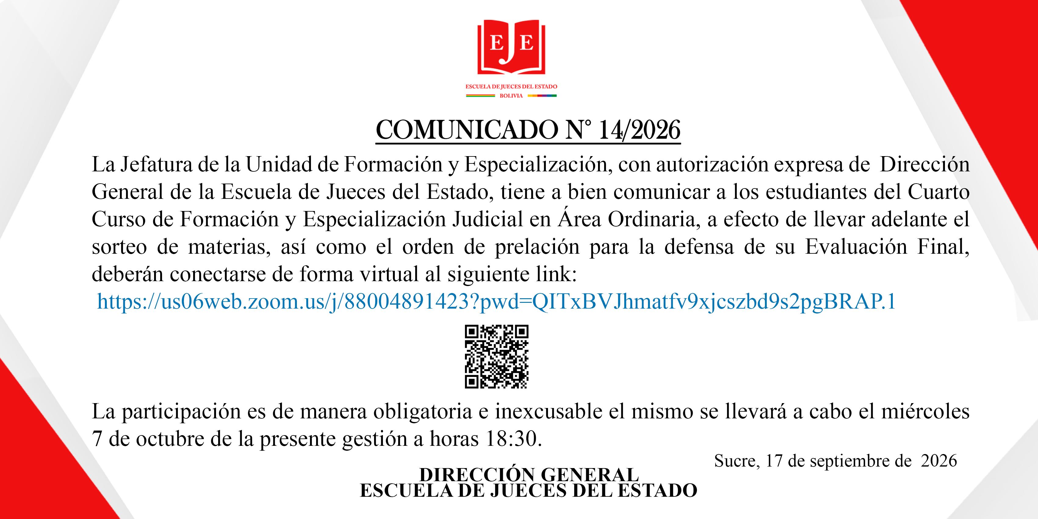 COMUNICADO N° 14/2026 SORTEO DE MATERIA Y ORDEN DE PRELACIÓN