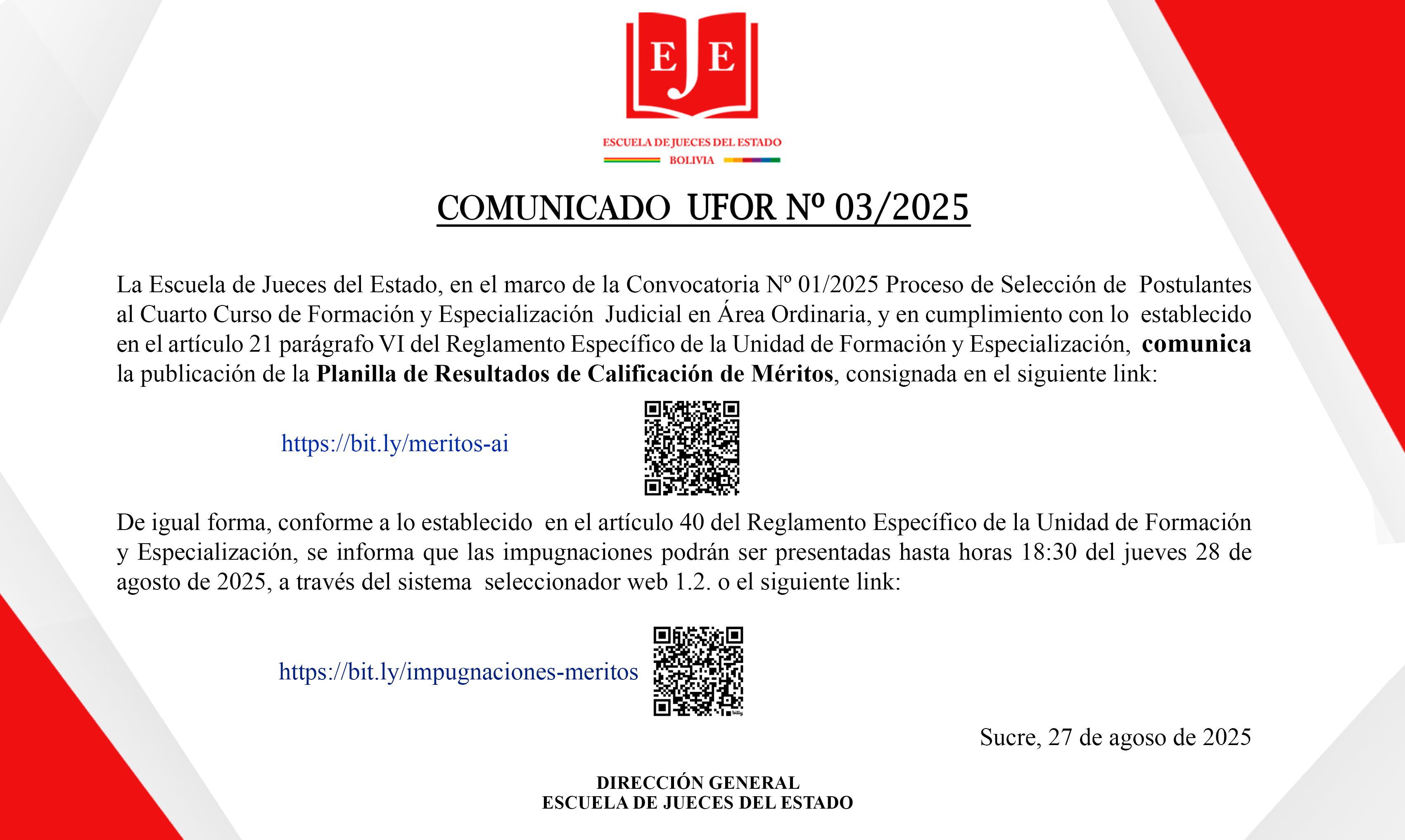 COMUNICADO UFOR N°03/2025 PUBLICACIÓN PLANILLA  DE RESULTADOS DE CALIFICACIÓN DE MÉRITOS