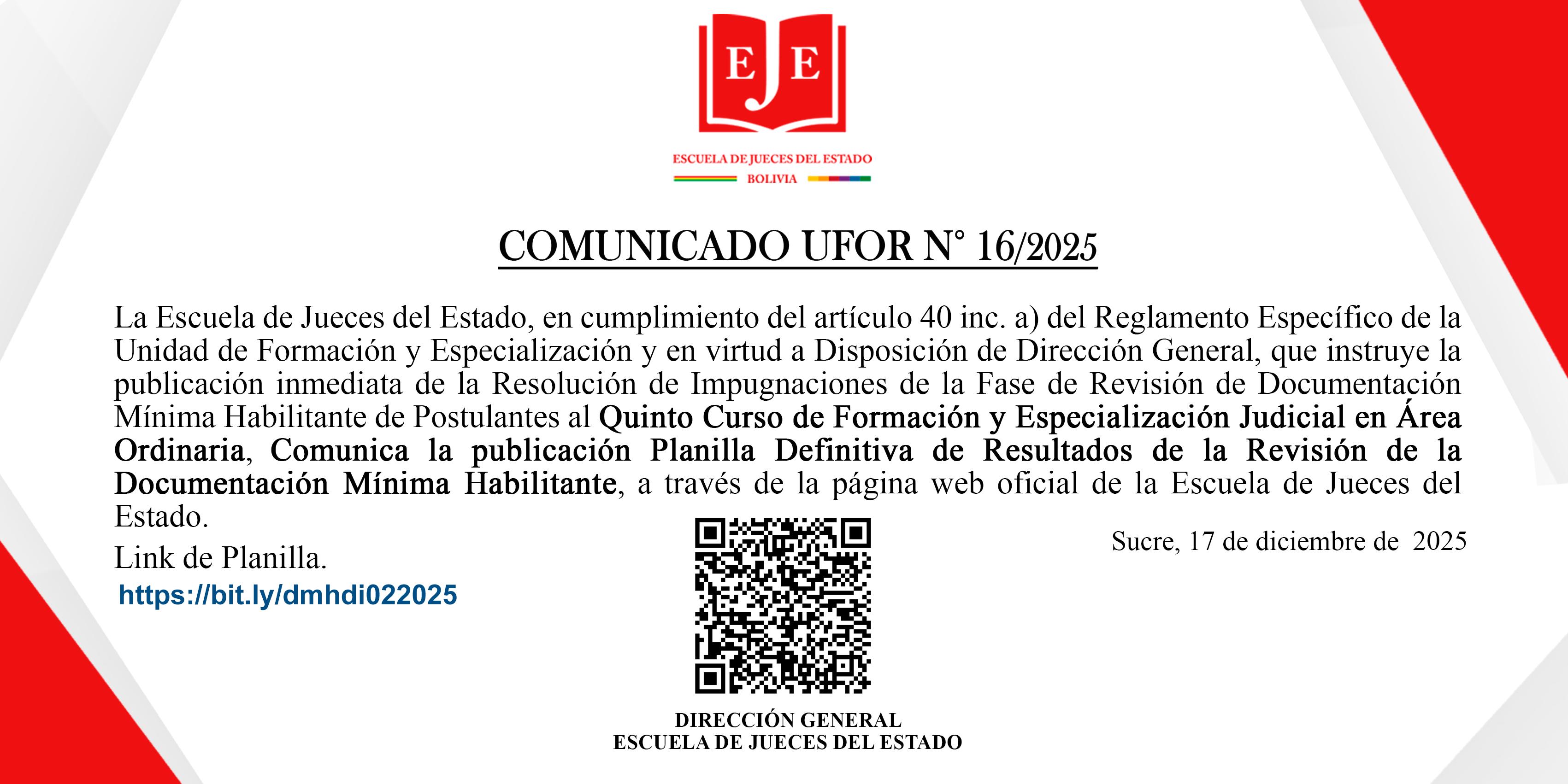 COMUNICADO UFOR N°16/2025 PUBLICACIÓN PLANILLA DEFINITIVA DE RESULTADOS DE REVISIÓN DE LA DOCUMENTACIÓN MÍNIMA HABILITANTE