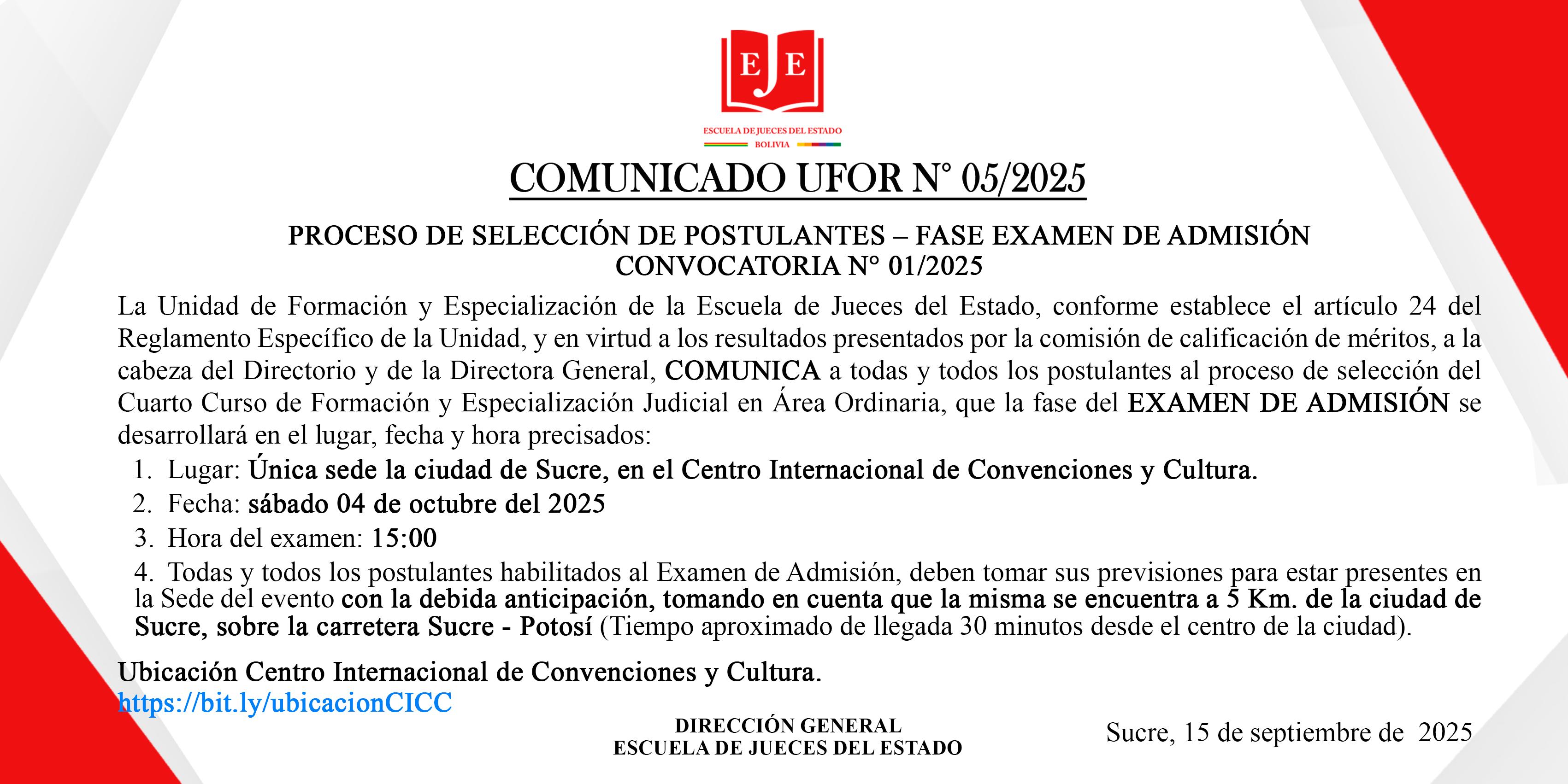 PROCESO DE SELECCIÓN DE POSTULANTES – FASE EXAMEN DE ADMISIÓN CONVOCATORIA N° 01/2025