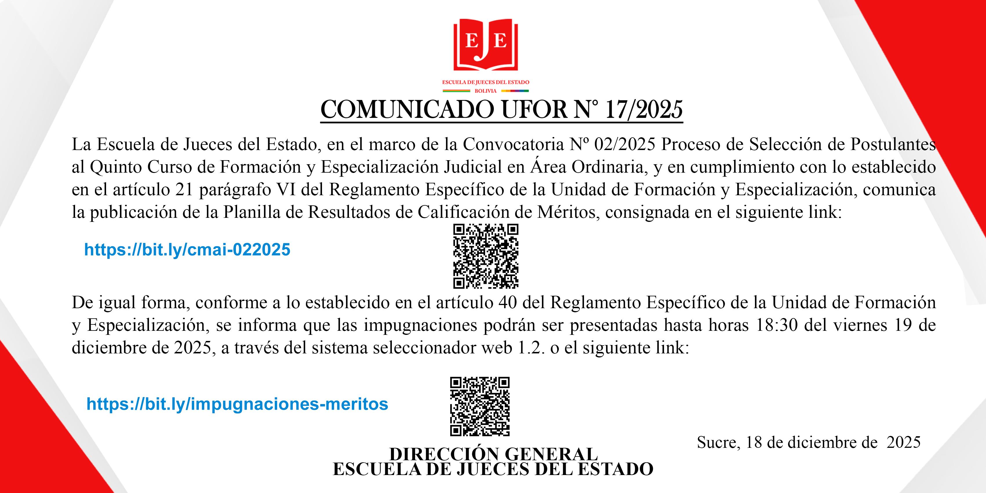 COMUNICADO UFOR N°17/2025 PUBLICACIÓN PLANILLA DE RESULTADOS DE CALIFICACIÓN DE MÉRITOS