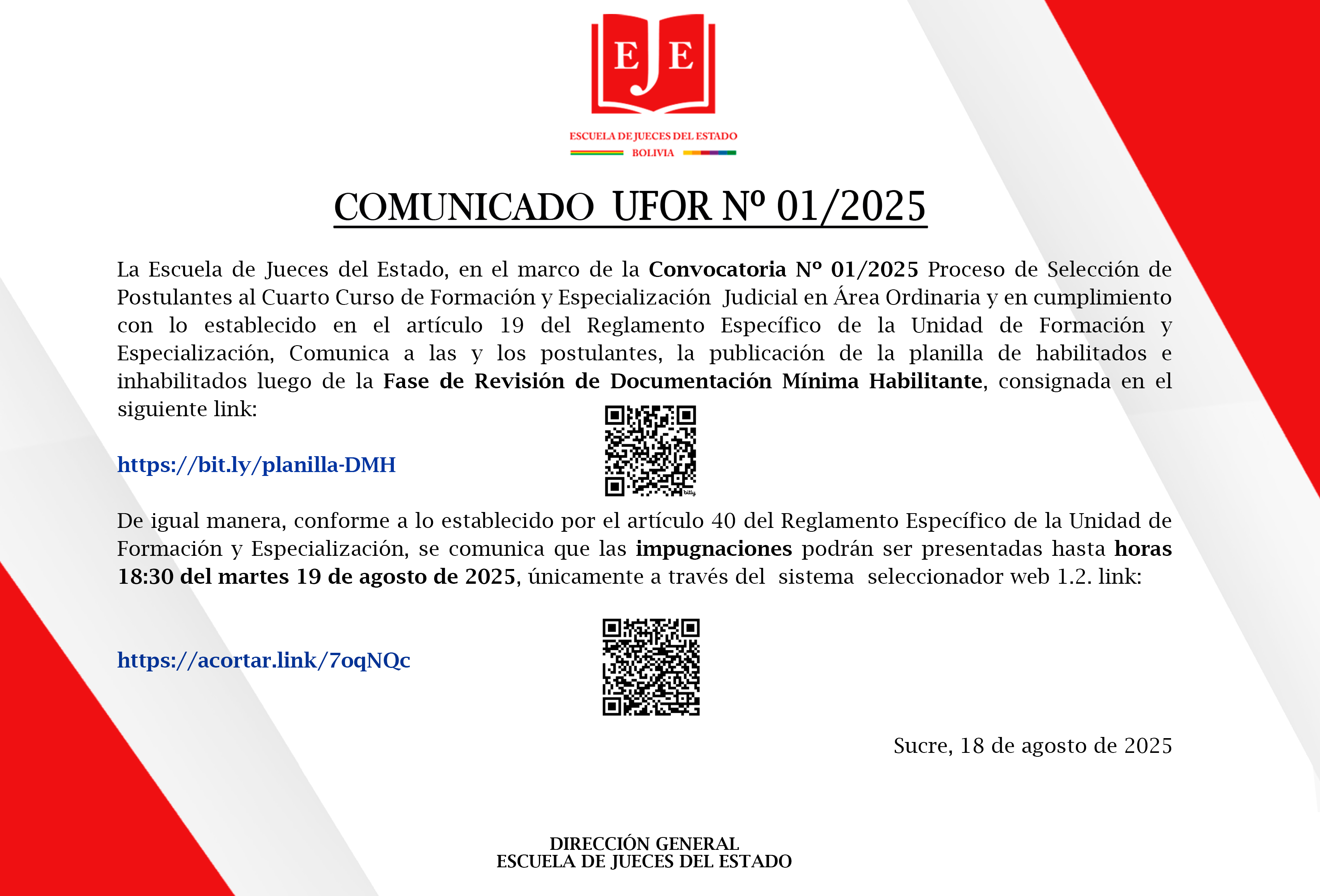 COMUNICADO UFOR N°01/2025 PUBLICACIÓN PLANILLA DE RESULTADOS DE REVISIÓN DE DOCUMENTACIÓN MÍNIMA HABILITANTE