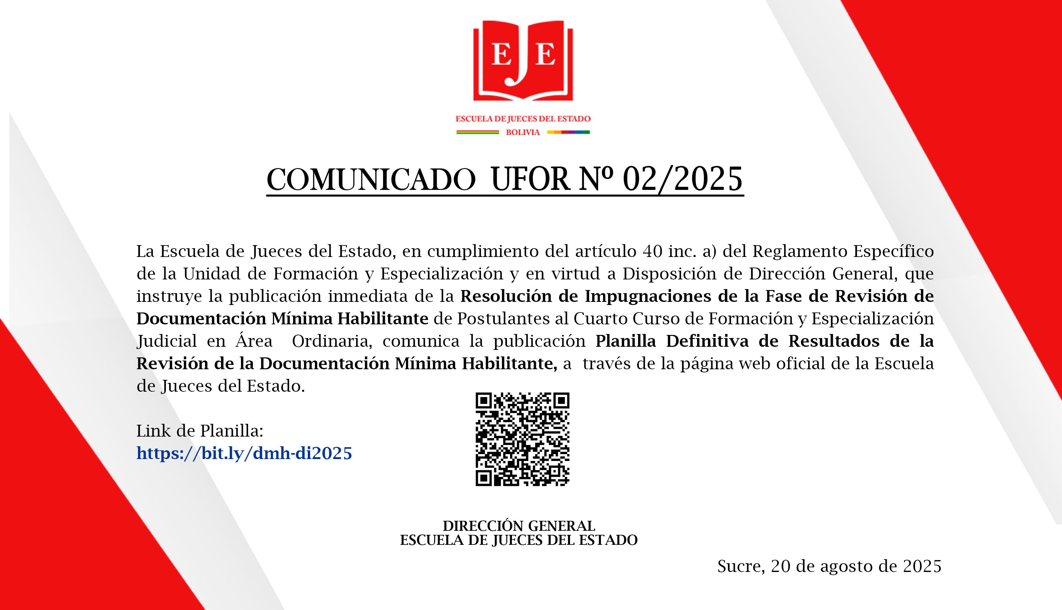 COMUNICADO UFOR N°02/2025 PUBLICACIÓN PLANILLA DEFINITIVA DE RESULTADOS DE REVISIÓN DE LA DOCUMENTACIÓN MÍNIMA HABILITANTE