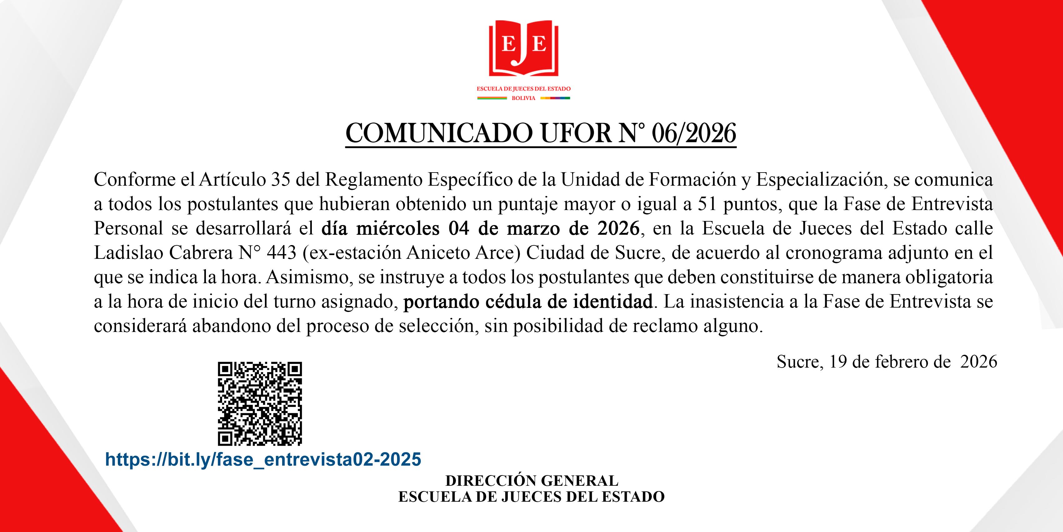 CRONOGRAMA FASE DE ENTREVISTAS PERSONALES – CONVOCATORIA N°02/2025